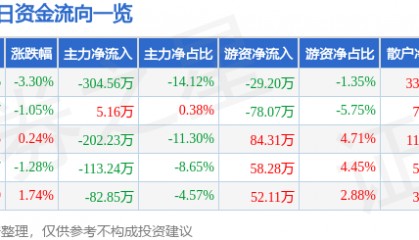 安靠智电（300617）8月19日主力资金净卖出304.56万元