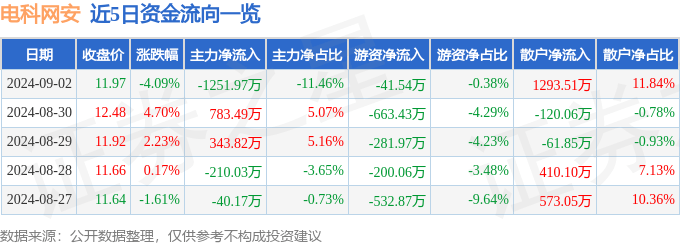 电科网安（002268）9月2日主力资金净卖出1251.97万元